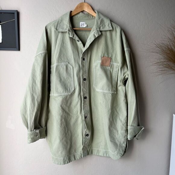 Helsa Utility Denim Oversized Button Up Shacket Overshirt Sage Green Size M/L - Picture 2 of 9